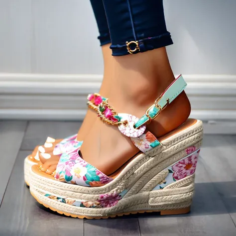 Masterpiece, 4K, HD,
wedsan, a woman wearing a pair of wedged sandals , woman wearing wedsan, floral print, chains, <lora:wedsan:0.7>