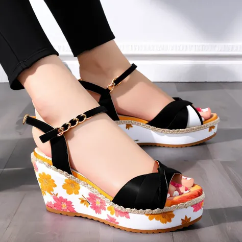 Masterpiece, 4K, HD,
wedsan, a woman wearing a pair of wedged sandals , woman wearing wedsan, floral print, chains, <lora:wedsan:0.7>