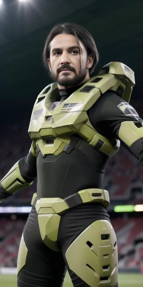 <lora:edgHalo:1>, edghalo, a man in a green and black suit, wearing edghalo, 1boy, soccer, male focus, soccer uniform, solo, football, blurry background, black hair, blurry, outstretched arms, stadium, facial hair, soccer ball, best quality, masterpiece, 8k highres,