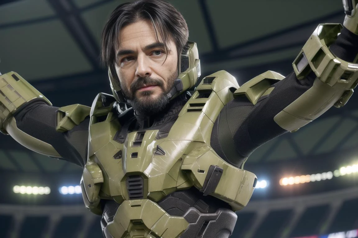 <lora:edgHalo:1>, edghalo, a man in a green and black suit, wearing edghalo, 1boy, soccer, male focus, soccer uniform, solo, sportswear, blurry background, black hair, blurry, outstretched arms, stadium, facial hair, soccer ball, best quality, masterpiece, 8k highres,