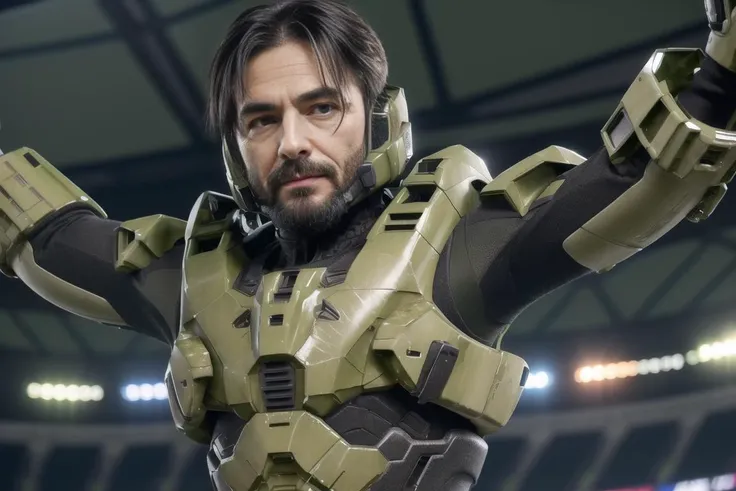 <lora:edgHalo:1>, edghalo, a man in a green and black suit, wearing edghalo, 1boy, soccer, male focus, soccer uniform, solo, sportswear, blurry background, black hair, blurry, outstretched arms, stadium, facial hair, soccer ball, best quality, masterpiece, 8k highres,