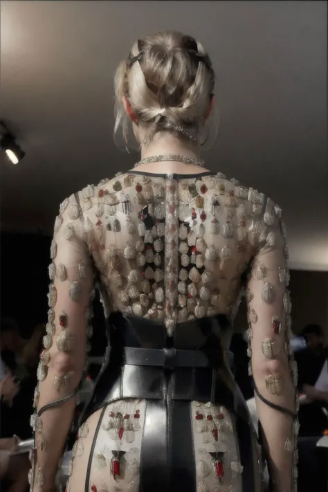 cinematic photo Beautiful (((Blonde haired))) Italian woman wearing an Alexander McQueen dress, <lora:mcqm3shdr3ss:1> mcqm3shdr3ss, Jewelled beetles, Scarabs, Leather obi waist cincher, Award winning photography, Sheer sheath dress, At an elegant red carpet event, Figure hugging bodycon dress, Solo, 1girl, . 35mm photograph, film, bokeh, professional, 4k, highly detailed