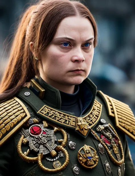 Commissar Greta Thunberg, Warhammer 40000, angry, sadistic, battle, fight, ((intricate details)), detailed eyes, hdr, ((intricate details, hyperdetailed)), cinematic shot, vignette