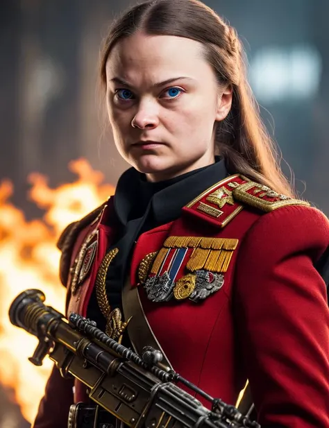 Commissar Greta Thunberg, Warhammer 40000, angry, sadistic, battle, fight, ((intricate details)), detailed eyes, hdr, ((intricate details, hyperdetailed)), cinematic shot, vignette