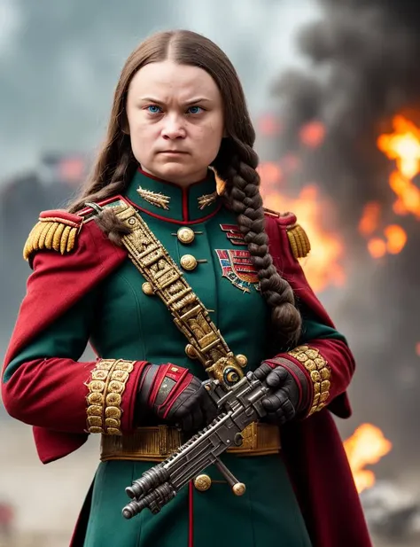 Commissar Greta Thunberg, Warhammer 40000, angry, sadistic, battle, fight, ((intricate details)), detailed eyes, hdr, ((intricate details, hyperdetailed)), cinematic shot, vignette