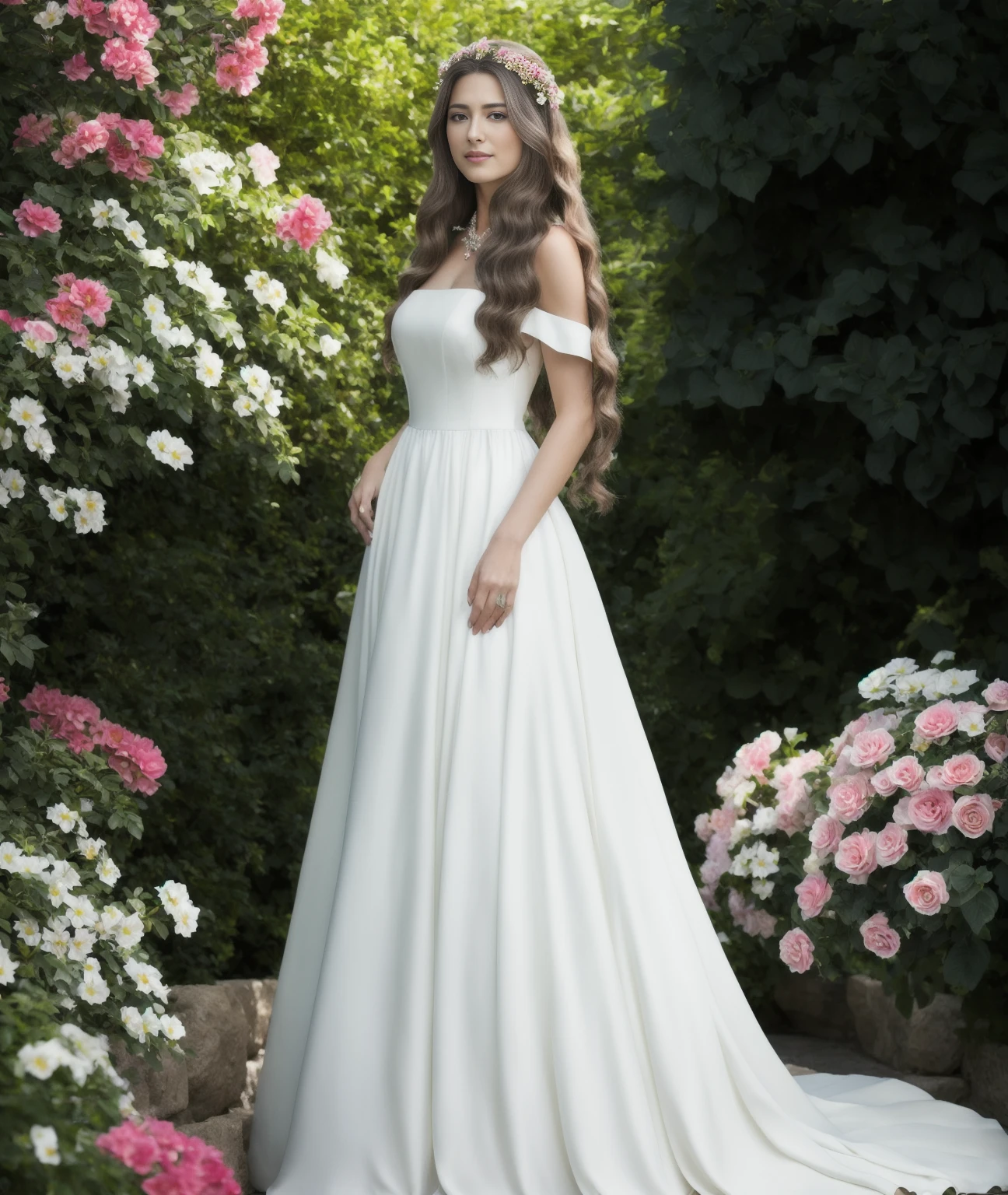 best quality, masterpiece, (photorealistic:1.4), long distance photo shot, high detailed, (high detailed skin:1.2), a beautiful slavic woman with long hair in a beautiful dress, standing in a beautiful garden with many flowers, full body shot, detailed, HDR, photographed with a Nikon Z 140mm