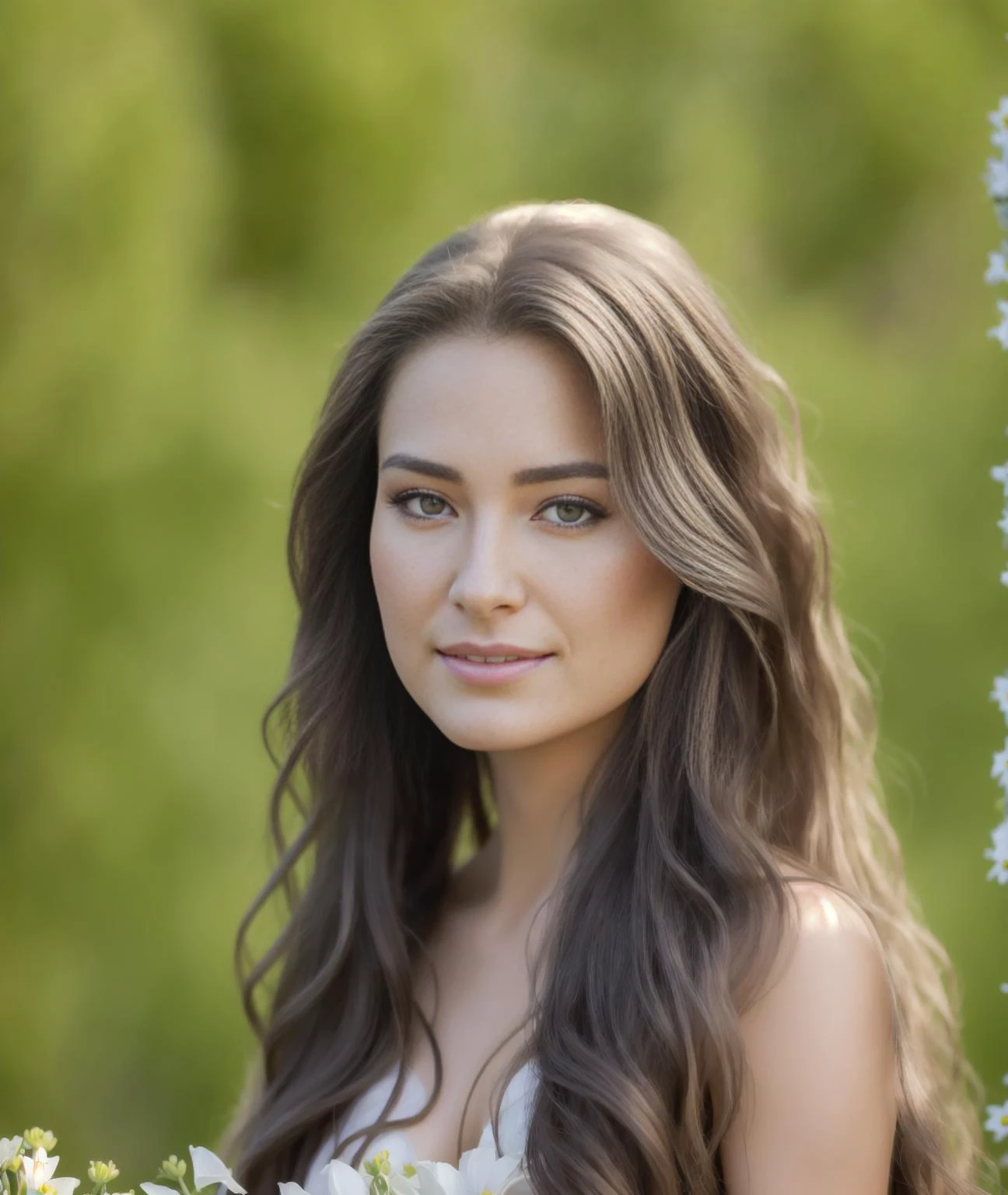best quality, masterpiece, (photorealistic:1.4), long distance photo shot, high detailed, (high detailed skin:1.2), a beautiful slavic woman with long hair in a beautiful dress, standing in a beautiful garden with many flowers, full body shot, detailed, HDR, photographed with a Nikon Z 140mm