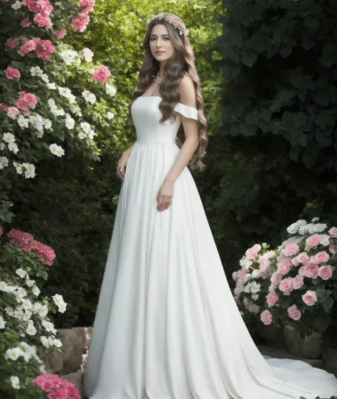best quality, masterpiece, (photorealistic:1.4), long distance photo shot, high detailed, (high detailed skin:1.2), a beautiful slavic woman with long hair in a beautiful dress, standing in a beautiful garden with many flowers, full body shot, detailed, HDR, photographed with a Nikon Z 140mm