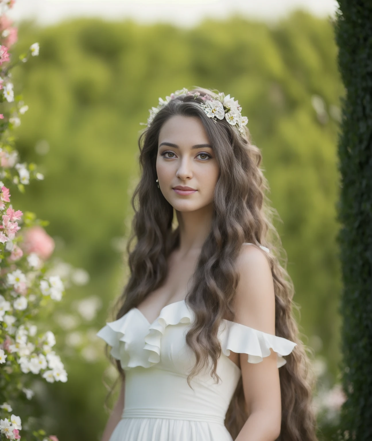 best quality, masterpiece, (photorealistic:1.4), long distance photo shot, high detailed, (high detailed skin:1.2), a beautiful slavic woman with long hair in a beautiful dress, standing in a beautiful garden with many flowers, full body shot, detailed, HDR, photographed with a Nikon Z 140mm