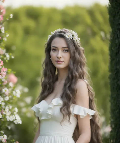 best quality, masterpiece,  (photorealistic:1.4), long distance photo shot, high detailed, (high detailed skin:1.2),  a beautiful slavic woman with long hair in a beautiful dress, standing in a beautiful garden with many flowers, full body shot, detailed, HDR, photographed with a Nikon Z 140mm