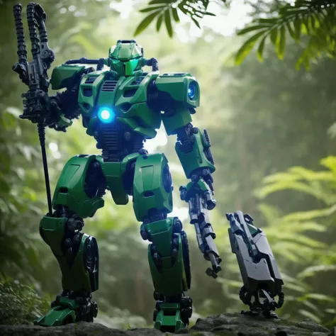 Bionicle, (Arnold Tsang, Toru Nakayama), Masterpiece, Studio Quality, 6k , toa, toaair, 1boy, glowing, axe, mecha, science_fiction, solo, weapon, jungle , green_background, nature, outdoors, solo, tree, weapon, mask, dynamic lighting, detailed shading, digital texture painting