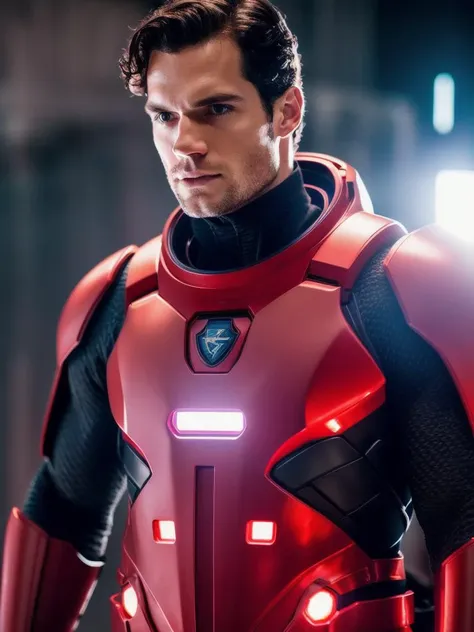 professional model shoot photo, Henry Cavill (highly detailed:1.1),figure jacket ,helmet glowing Red, neon-ground-astronaut sci-fi style, dynamic lighting, atmosphere lighting, perfect eyes, sharp focus, 8k high definition, insanely detailed, intricate