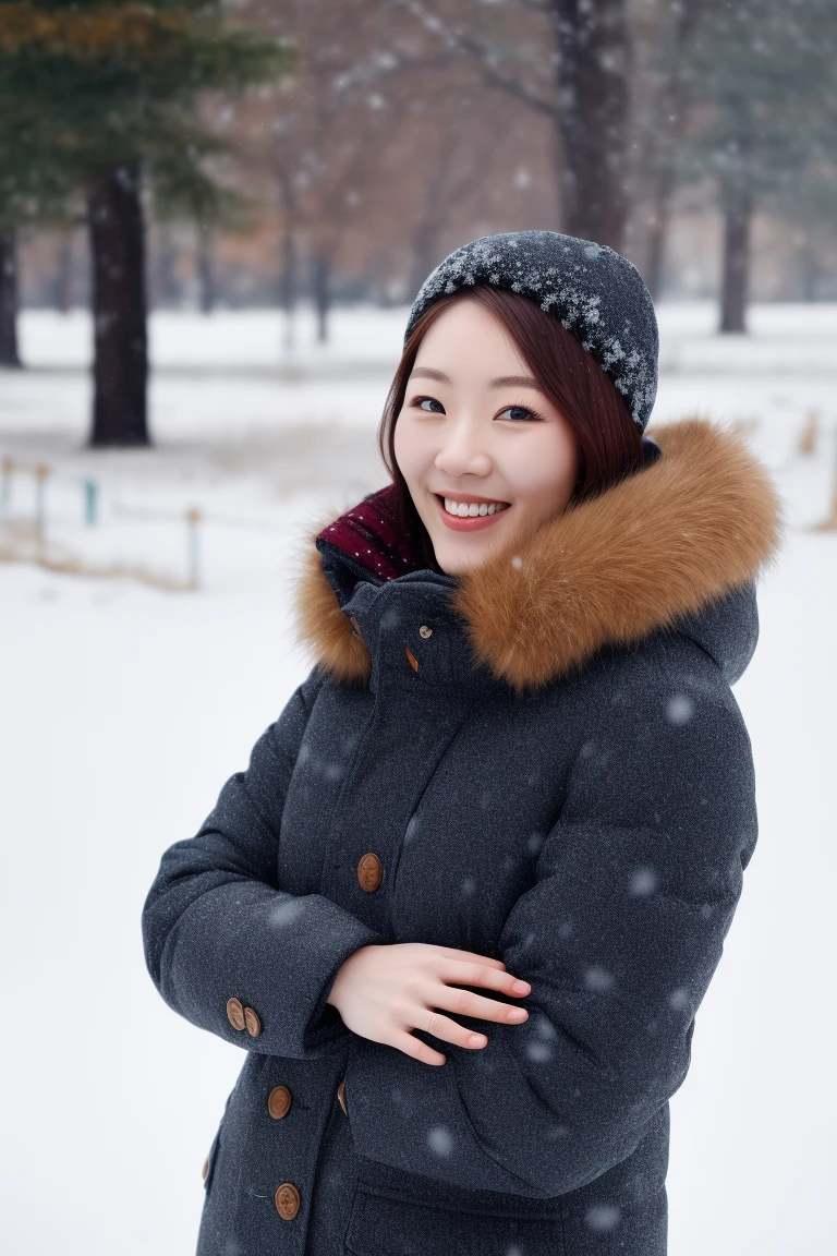 best quality, masterpiece, (photorealistic:1.4), high-angle view, female, 26yo, smile,a cute korean woman in a clothing in snow