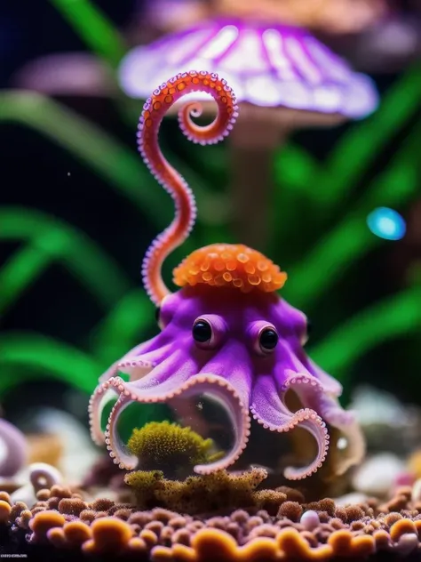 A cute little octopus in a small circular fish tank, Cute terrarium with a little mushroom, high definition, insanely detailed, intricate, elegan, 4k ultra detailed, cinematic sensual, Masterpiece, colors, hyperrealistic, Vivid colors, Intricate, High Detail, photorealistic, symmetry, volumetric lighting, beautiful, rich deep colors, masterpiece