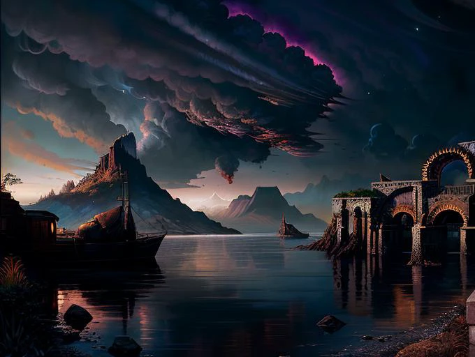 RAW wideangle photo, landscape, (As when the Sun new ris'n Looks through the Horizontal misty Air Shorn of his Beams or from behind the Moon In dim Eclipse disastrous twilight sheds On half the Nations and with fear of change Perplexes Monarch Dark'n'd so yet shon Above them all the Archangel but his face Deep scars of Thunder had intrencht and care Sat on his faded cheek but under Browes Of dauntless courage, and considerate Pride Waiting revenge cruel his eye but cast Signs of remorse and passion to behold), epic, ominous, highly detailed, intricate environment, digital matte painting, outdoor, panoramic view, concept art, mystery, sharp focus, illustration, art by artgerm and greg rutkowski and magali villeneuve and alphonse mucha and rossdraws and wlop and craig mullins and James Jean and Andrei Riabovitchev and Marc Simonetti and peter mohrbacher, light by John Salminen, 4k uhd image, octane render, awesome, 8k, award winning art, cinematic lighting, high detail, intricate, ethereal, magical, otherworldly, dark fantasy, hyperrealistic, dreamlike, inky, old age, hypermaximalist, <lora:theovercomer8sContrastFix_sd15:1>, (decay:1.3), (grit:1.3), (neglect:1.3), to8contrast style RFKTR_sinetempore