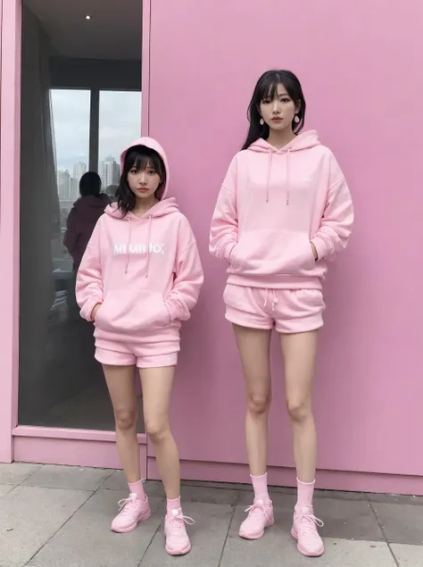 a woman in a pink outfit posing for a picture, kiyoko suzuki, wearing a pink hoodie, akira moto, bra and shorts streetwear, akira hiramoto, pink body, wearing a pastel pink hoodie, by Ren Hang, louise zhang, feng zhu |, lulu chen, kakar cheung, suki, wenfei ye, id magazine, kiko mizuhara