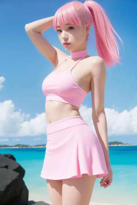 a woman with pink hair wearing a pink outfit, pink mini-skirt, pink skirt, still from a music video, pink tight mini-skirt, cgsociety 9, inspired by Hsiao-Ron Cheng, beach aesthetic, bubblegum body, pale pink bikini, hyperpop aesthetics, kawaii aesthetic, neo vaporwave, pastel pink skin tone, pink body, nylon fashion