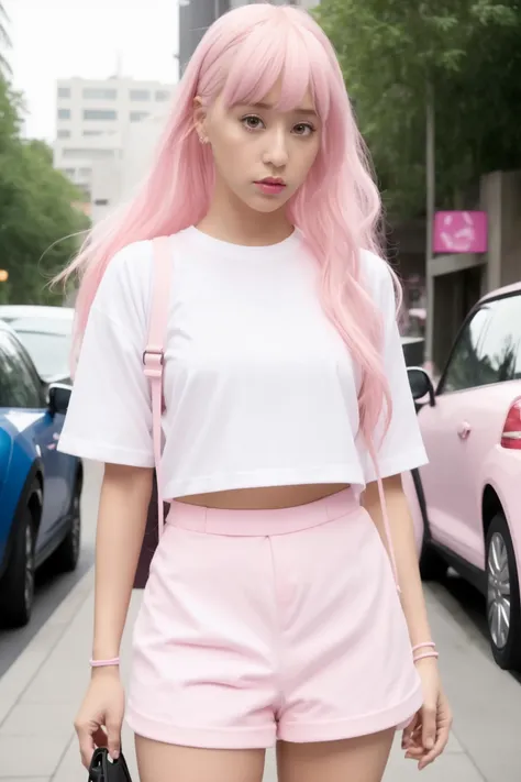 a woman with pink hair wearing a white shirt and pink panties, light pink hair, pink mini-skirt, pink skirt, bra and shorts streetwear, pastel pink skin tone, suki, long light pink hair, light pink, doja cat, id magazine, bubblegum hair, pink clothes, feminine in cute pastel shades, pink shirt, pink body harness