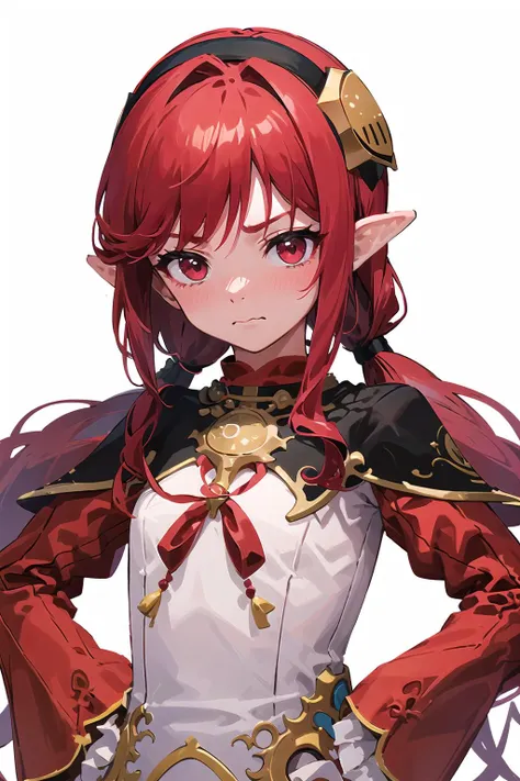 yuansu \(erjue\),masterpiece, best quality,long sleeves,low twintails,long hair,frill,jewelry,hairband,smile,white background, Simple background,upper body,white shirt, nose blush,frown,Wavy mouth,hands on hips