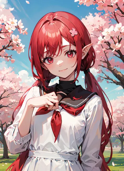 masterpiece, best quality,low twintails,white school uniform,cherry blossoms,smile,long hair