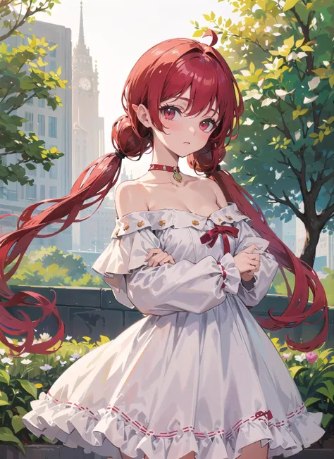 masterpiece, best quality,low twintails, ((white dress,off-shoulder)) dress,outdoors,