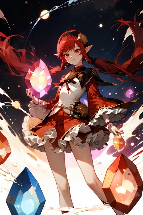 yuansu \(erjue\),masterpiece, best quality,red long sleeves,((red skirt)),low twintails,long hair,frill,jewelry,universe,crystal,closed mouth,hairband