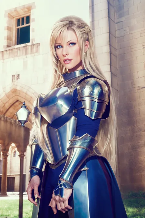 JrCarringtonQuiron woman,
1girl, solo, long hair, breasts, looking at viewer, blue eyes, blonde hair,  plate armor,metal,  castle,Castle town below, portrait, straight-on,
 <lora:quiron_JrCarrington_v6_lora:0.87>