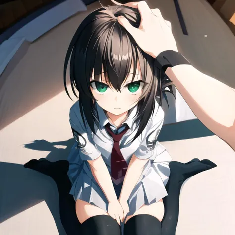 masterpiece, best quality, ultra-detailed, 1girl, seiza, sitting, looking at viewer, from above, Kimika, green eyes, folded ponytail, Kita school uniform, white skirt, red necktie, thighhighs, IncrsHeadpatPOV, headpat, pov
