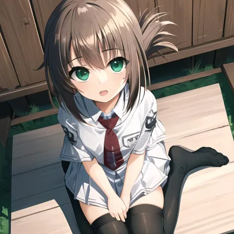 masterpiece, best quality, ultra-detailed,  1girl, seiza, sitting, looking at viewer, from above, Kimika, green eyes, folded ponytail, Kita school uniform, white skirt, red necktie, thighhighs