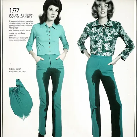 1970's fashion advertisement, 20 year old woman, ((pee stain, peeing self)), (pee), looking at viewer <lora:PeeingThemselfV2_0:0.7> <lora:Real_Wetting_Self:0.7> <lora:CombinedPeeingSelf-08:0.5>