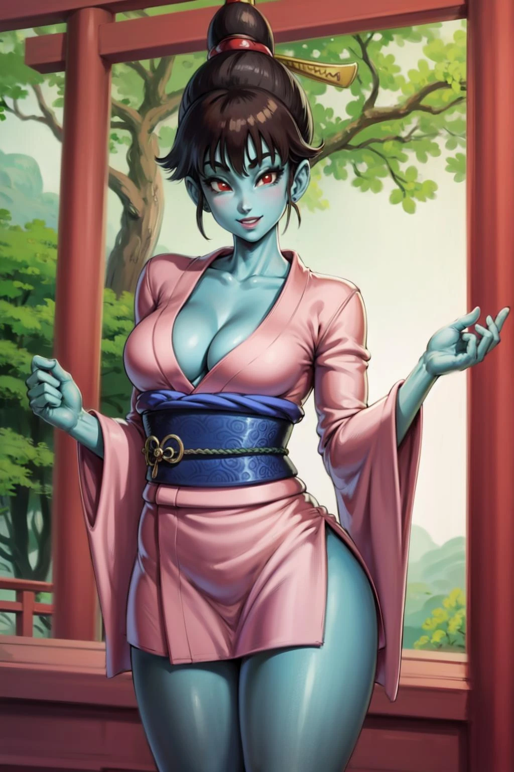 snkegirls, 1girl, solo, blue skin, (brown hair), cowboy shot, smile, red eyes,small breasts,looking at viewer, (pink kimono), japanese forest, shrine, bangs,ponytail,contrapposto,wide sleeves,long sleeves,cleavage,covered legs,( best quality, masterpiece) <lora:snkegirls_v1:1>