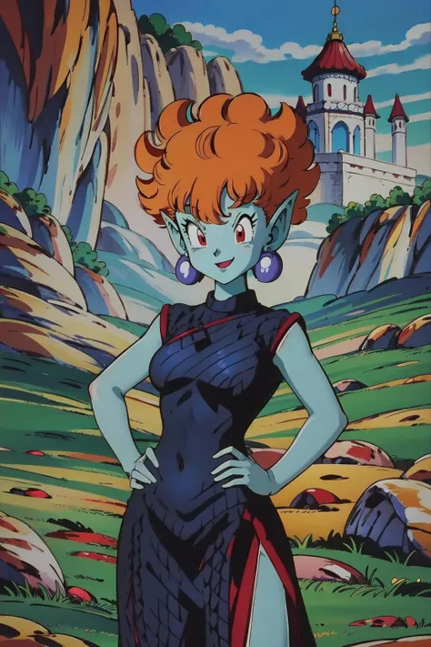 pokemovies, snkegirls, hebihime, 1girl.solo, blue china dress, (teal skin:1.1), orange hair, cowboy shot, smile, curly hair,small breasts, red eyes,earrings, grassfield,cliff,east asian architecture, building on the background, castle, blue sky, cloud, hands on hips, pointy ears ( best quality, masterpiece) <lora:snkegirls_v1:1> <lora:pokemovies_v1:1>