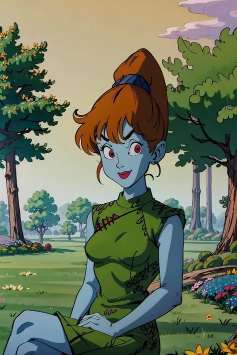 snkegirls,1girl, solo,upper body,portrait, light blue skin, brown hair, red eyes, bangs, (ponytail),small breasts, green china dress, smile, forest, tree, grass, flowers,sitting,looking at viewer,( best quality, masterpiece) <lora:snkegirls_v1:1> <lora:inusen_v1:1>