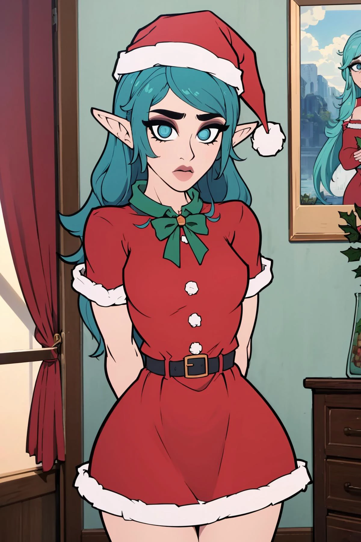 (masterpiece, best quality:1.2), 1girl, solo, elf epoch, blue theme, christmas, santa hat, aqua hair, long hair, looking at viewer, red dress, short sleeves, arms behind back, <lora:tobinge:.95>, tobinge