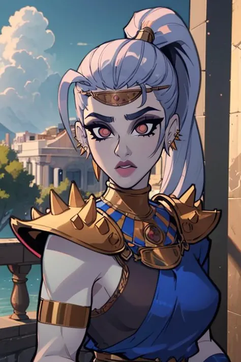 (masterpiece, best quality:1.2), <lora:tobinge:0.8> tobinge, <lora:megaera:.9>, megaera, 1girl, solo, ponytail, colored skin, breasts, piercing, ear piercing, blue skin, single wing, gorget, greek clothes, outdoors,