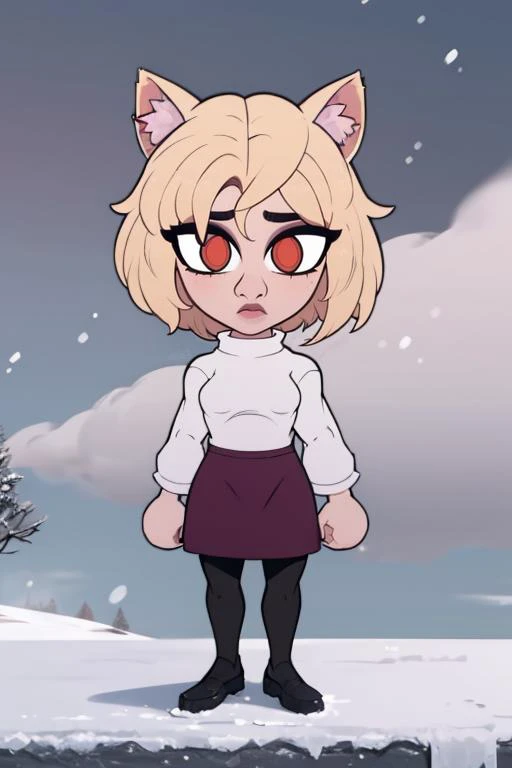 (masterpiece, best quality:1.2), <lora:tobinge:1>, tobinge, <lora:necoarc:1>, necoarc, slit pupils, cat ears, blonde hair, red eyes, chibi, 1girl, solo, white turtleneck, purple skirt, pantyhose, outdoors, snowing, winter, fog, looking at viewer,