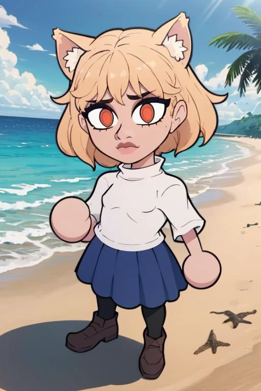 (masterpiece, best quality:1.2), <lora:tobinge:1>, tobinge, <lora:necoarc:1>, necoarc, slit pupils, cat ears, blonde hair, red eyes, chibi, 1girl, solo, white turtleneck, blue skirt, pleated skirt, brown footwear, pantyhose, outdoors, beach, sunlight, reflection, sand, ocean, looking at viewer,