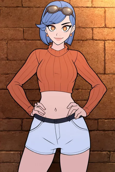 (masterpiece, best quality:1.2), <lora:tobinge:.7>, tobinge, 1girl, solo, v, shorts, jewelry, earrings, navel, eyewear on head, white shorts, sunglasses, smile, blue hair, midriff, orange shirt, hand on hip, crop top, long sleeves, looking at viewer, orange eyes, bangs, cowboy shot, sweater, shirt, ponytail, short hair, bangs, bob cut, orange sweater