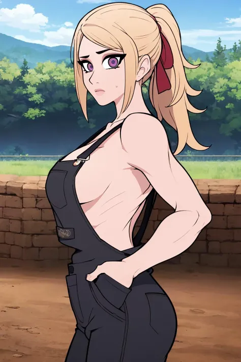 1 girl, alone , 19 years ,short blonde hair , tied hair, hair slicked back ,on forehead ,green eyes , beautiful, light skin color , wide shoulders, thin waist, medium breasts, defined thighs, thin, defined lean ,wide hips, medium ass, naruto shippuden style, Leaf village, black shirt, medium white skirt, front from viewer, look at viewer, smile
