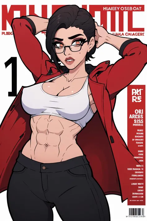 (masterpiece, best quality:1.2), <lora:tobinge:.9>, tobinge, 1girl, breasts, solo, glasses, mole under mouth, abs, black hair, short hair, mole, pants, large breasts, open clothes, navel, black-framed eyewear, toned, looking at viewer, lips, parted lips, makeup, coat, jacket, no bra, black pants, red coat, arms behind head, open jacket, cover, open coat, mole above mouth, arms up, cowboy shot, magazine cover, red jacket, white background