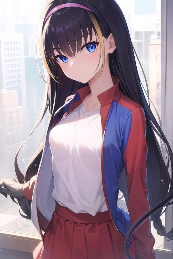 lessar, <lyco:lessar-lyco-nochekaiser:1>,
lessar, black hair, blue eyes, demon tail, hairband, long hair, mechanical tail, multicolored hair, tail, (small breasts:1.2),
BREAK jacket, skirt, striped, striped thighhighs, thighhighs, shirt, white shirt, blue skirt, zettai ryouiki, blue sleeves, red sleeves, white jacket,
BREAK looking at viewer, upper body, fully body,
BREAK outdoors,
BREAK <lyco:GoodHands-beta2:1>, (masterpiece:1.2), best quality, high resolution, unity 8k wallpaper, (illustration:0.8), (beautiful detailed eyes:1.6), extremely detailed face, perfect lighting, extremely detailed CG, (perfect hands, perfect anatomy),