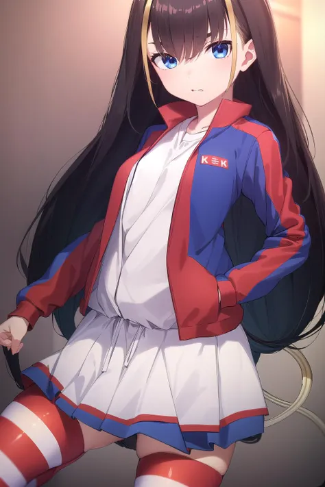 lessar, black hair, blue eyes, demon tail, hairband, long hair, mechanical tail, multicolored hair, tail,
jacket, skirt, striped, striped thighhighs, thighhighs, shirt, white shirt, blue skirt, zettai ryouiki, blue sleeves, red sleeves,
looking at viewer,cowboy shot,
((Highly quality, (Masterpiece, Eextremely detailed CG unity 8k wallpaper), Digital photography, RAW picture, Depth of field, Absurdres, Perfect anatomy))