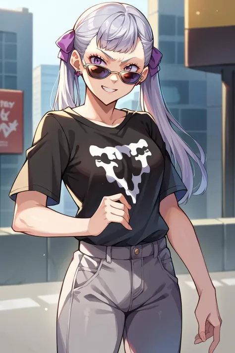 score_9, score_8_up, score_7_up, score_6_up, source_anime BREAK 1girl, solo <lora:noellesilva-pdxl-nvwls-v1-000005:1> noelle silva, grey hair, purple eyes, twintails, hair ribbon, black t-shirt, grey pants, sunglasses, city, smirk