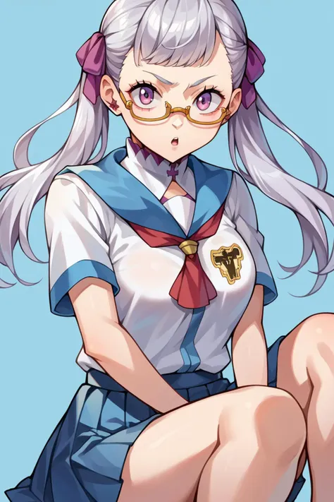 score_9, score_8_up, score_7_up, score_6_up, source_anime BREAK 1girl, solo <lora:noellesilva-pdxl-nvwls-v1-000005:1> noelle silva, grey hair,  twintails, hair ribbon, white shirt, blue sailor collar, short sleeves, neckkerchief, pleated skirt, glasses, looking at you, chestnut mouth, medium breasts