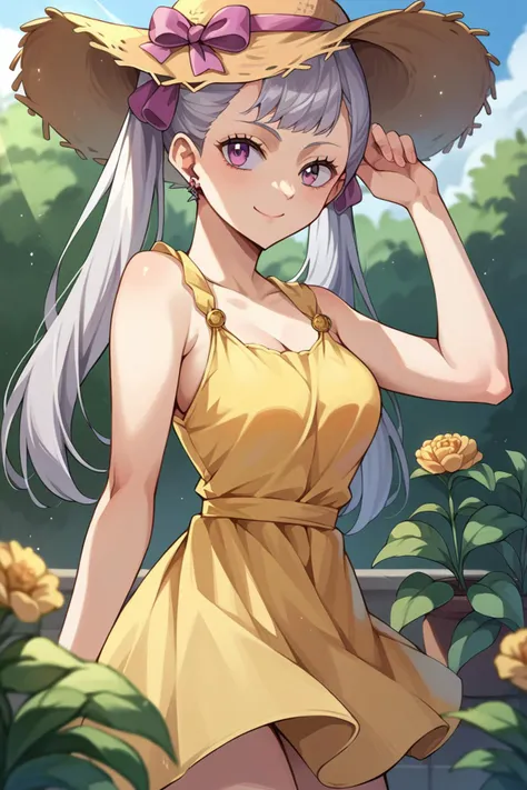 score_9, score_8_up, score_7_up, score_6_up, source_anime BREAK 1girl, solo <lora:noellesilva-pdxl-nvwls-v1-000005:1> noelle silva, grey hair,  twintails, hair ribbon, yellow sundress, sleeveless, frills, straw hat, garden, medium breasts, smile