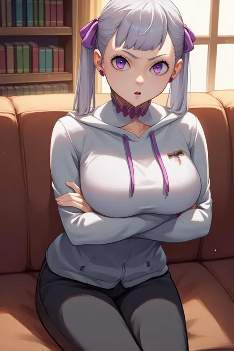 score_9, score_8_up, score_7_up, score_6_up, source_anime BREAK 1girl, solo <lora:noellesilva-pdxl-nvwls-v1-000005:1> noelle silva, grey hair, purple eyes, twintails, hair ribbon, grey hoodie, black pants, crossed arms, sitting, couch, big breasts, looking at you, chestnut mouth, bookshelf, living room