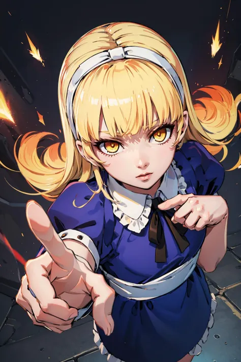 masterpiece, best quality,  <lora:za_Alice:0.9> alicesmt, dress, long hair, blonde hair, hairband, blunt bangs, puffy sleeves, blue dress, yellow eyes, looking at viewer, (from above:1.4), foreshortening, pointing, magic, sparks, glowing