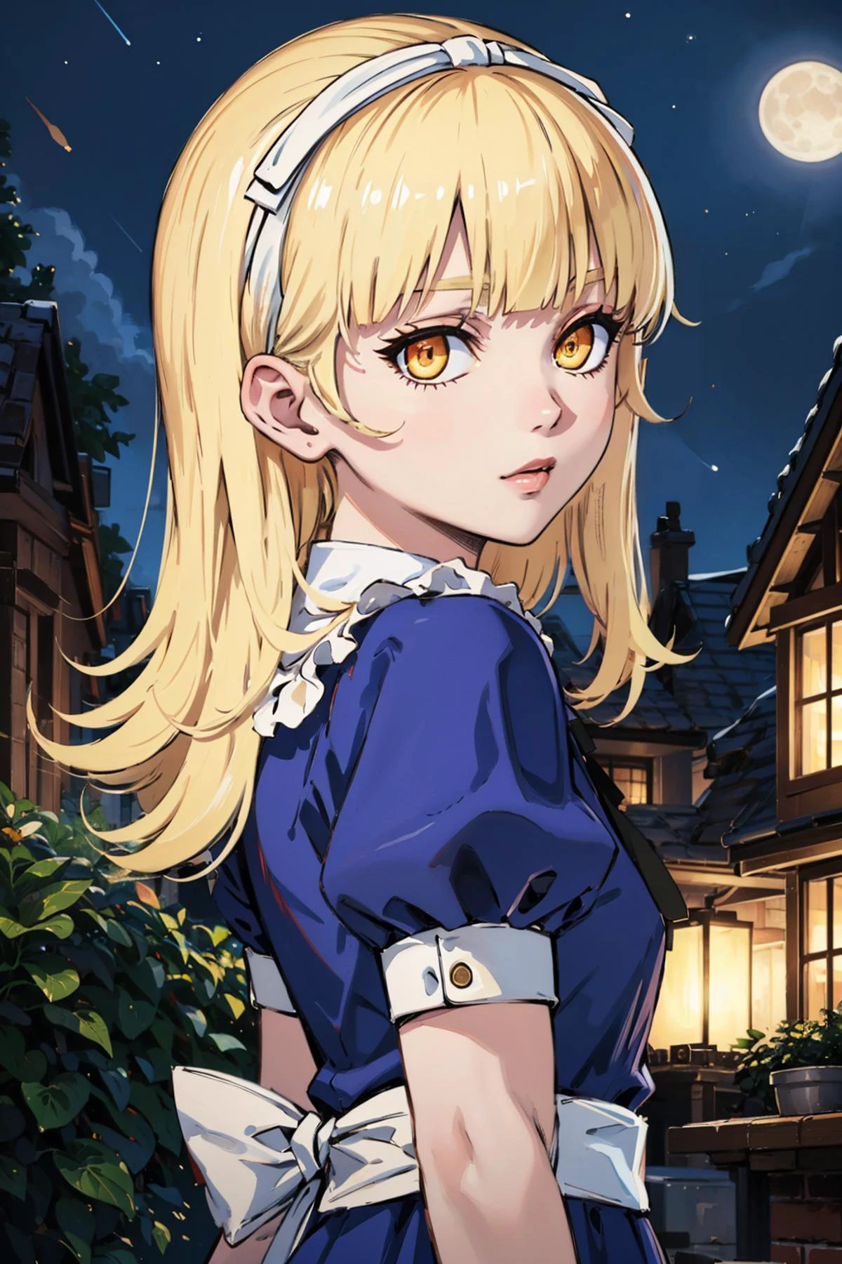masterpiece, best quality, <lora:za_Alice:0.9> alicesmt, dress, long hair, blonde hair, hairband, blunt bangs, puffy sleeves, blue dress, yellow eyes, looking at viewer, from side, night sky, moon, glowing eyes, upper body