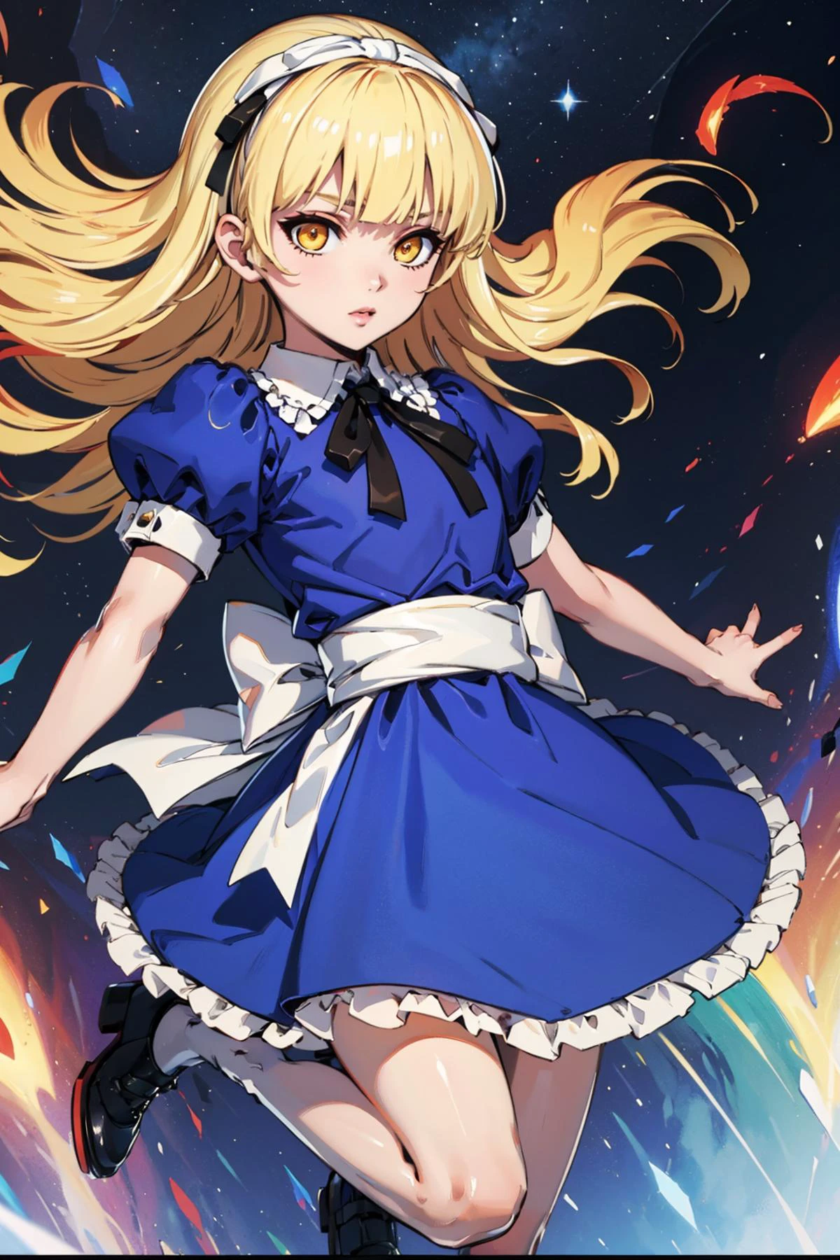 masterpiece, best quality, <lora:za_Alice:0.9> alicesmt, dress, long hair, blonde hair, hairband, blunt bangs, puffy sleeves, blue dress, yellow eyes, (jumping:1.4), night sky, abstract background, gradient background