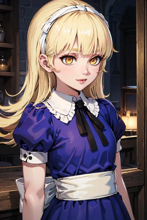 masterpiece, best quality, absurdres, beautiful, cowboy shot, upper body, smile
<lora:za_Alice:1> alicesmt, dress, long hair, blonde hair, hairband, blunt bangs, puffy sleeves, blue dress, yellow eyes